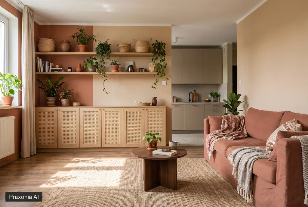 Salon w stylu boho: niska szafka z frontami z plecionki wiedeńskiej, półki z roślinami, kosze, terakotowa sofa